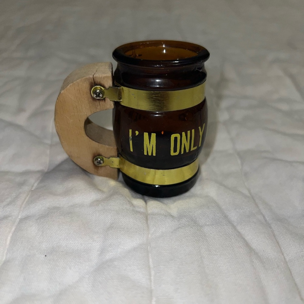 Amber Gold Tone Shot Glass "I'm Only A Small Drinker" Wood Handle beer mug